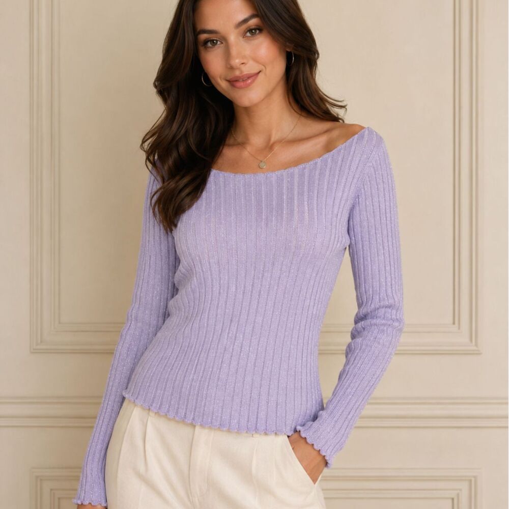 Anthropologie Pilcro Lavender Metallic Ribbed Boat Neck Long Sleeve Top Size L